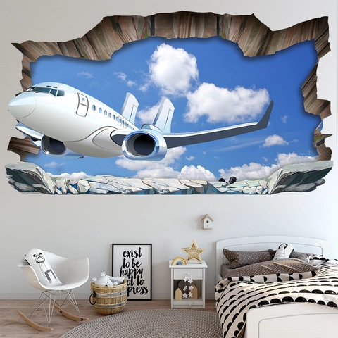 3D Gebroken Muur Stickers Vliegtuig Ruimte Zonnestelsel Planeten Verwijderbare PVC Waterdichte Muurstickers Voor Kinderkamer