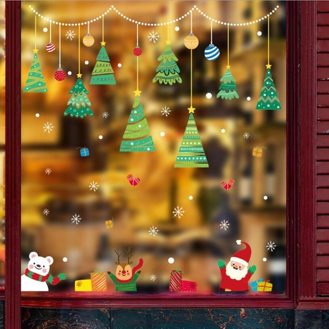 Pegatinas Navideñas Para Ventanas PVC Papá Noel Reno Árbol De Navidad Copo De Nieve Calcomanías De Pared Para Escaparate Hogar