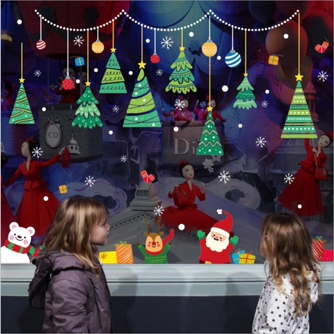 Pegatinas Navideñas Para Ventanas PVC Papá Noel Reno Árbol De Navidad Copo De Nieve Calcomanías De Pared Para Escaparate Hogar