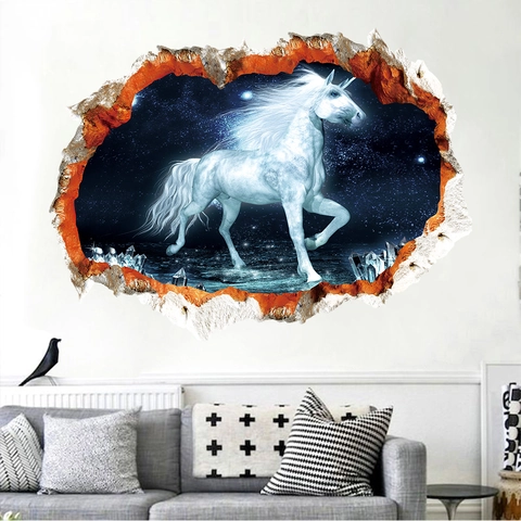 3D Broken Wall Effect Unicorn Galaxy Wall Sticker Dreamy Starry Sky Animal PVC Decal For Kids Room Living Room Bedroom Home Decor