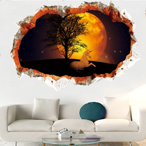 3D Broken Wall Unicorn Under Full Moon Wall Sticker Waterproof PVC Decal For Bedroom Living Room Fantasy Home Decor