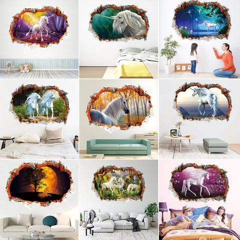 3D Gebroken Muur Eenhoorn Muursticker Magisch Bos Dromerige Dieren Sticker Waterdicht Zelfklevend PVC Poster Voor Kinderkamer Slaapkamer Decoratie