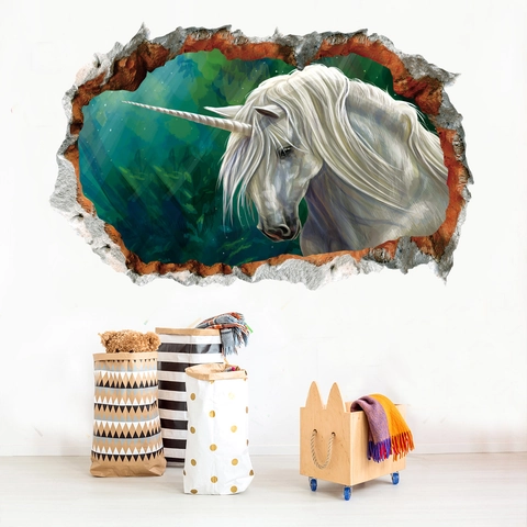 3D Broken Wall Weißes Einhorn Wandaufkleber Aquarell Fantasiewald Abnehmbar PVC Wasserdicht Home Decor Wandbild Schlafzimmer