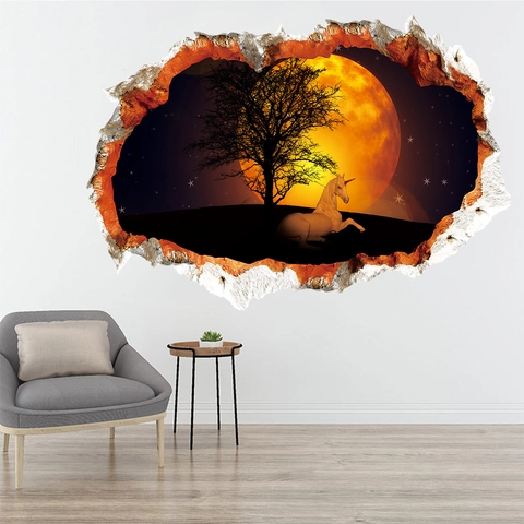 3D Broken Wall Unicorn Under Full Moon Wall Sticker Waterproof PVC Decal For Bedroom Living Room Fantasy Home Decor
