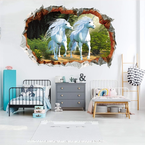 Pegatina de Pared 3D Creativa Pared Rota Unicornio Bosque PVC Impermeable Decoración Para Habitación Niños Sala de Estar Hogar