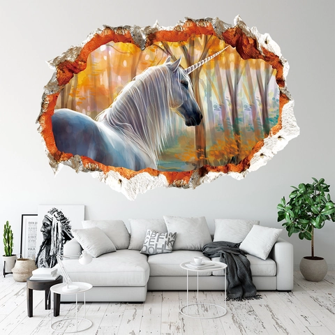 3D Gebroken Muur Eenhoorn Muursticker Magisch Bos Dromerige Dieren Sticker Waterdicht Zelfklevend PVC Poster Voor Kinderkamer Slaapkamer Decoratie