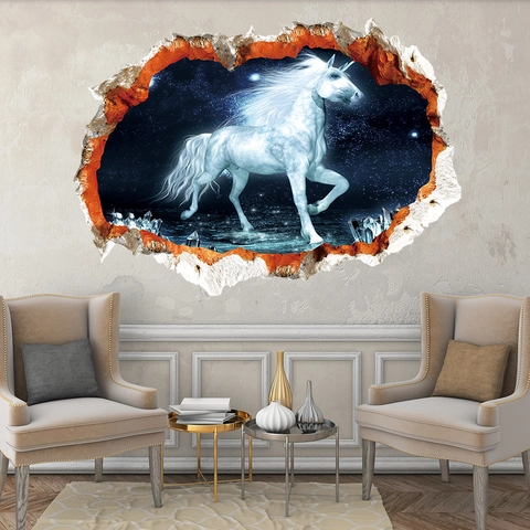 3D Broken Wall Effect Unicorn Galaxy Wall Sticker Dreamy Starry Sky Animal PVC Decal For Kids Room Living Room Bedroom Home Decor