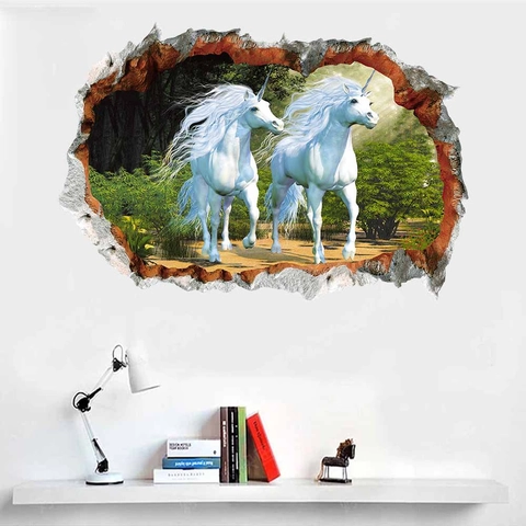Pegatina de Pared 3D Creativa Pared Rota Unicornio Bosque PVC Impermeable Decoración Para Habitación Niños Sala de Estar Hogar