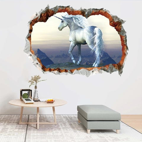 3D Wanddurchbruch Einhorn Wandaufkleber Wasserdicht PVC Berglandschaft Fantasie Tier Wandtattoo Für Wohnzimmer Schlafzimmer Deko