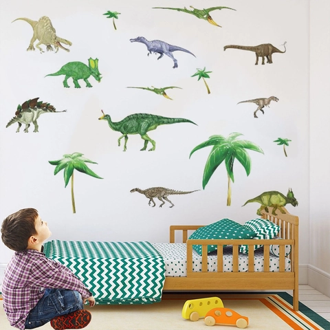 Watercolor Dinosaur Wall Stickers For Kids Room PVC Waterproof Animal Palm Tree Wall Decals For Nursery Bedroom Home Decor