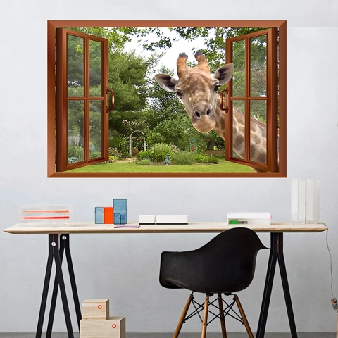 Vinilo Decorativo 3D Pared Rota Jirafa Ventana Paisaje de Jardín Impermeable Removible PVC Adhesivo Decoración Habitación Infantil