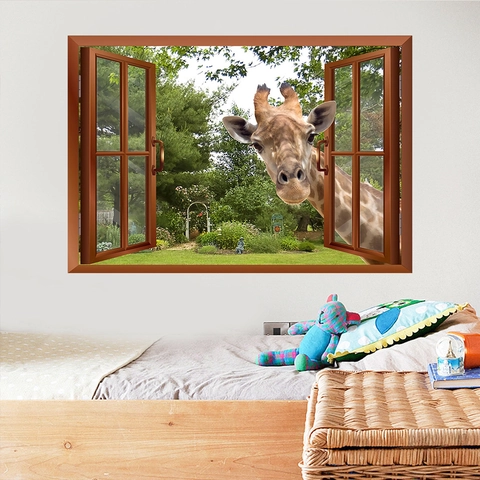 Vinilo Decorativo 3D Pared Rota Jirafa Ventana Paisaje de Jardín Impermeable Removible PVC Adhesivo Decoración Habitación Infantil