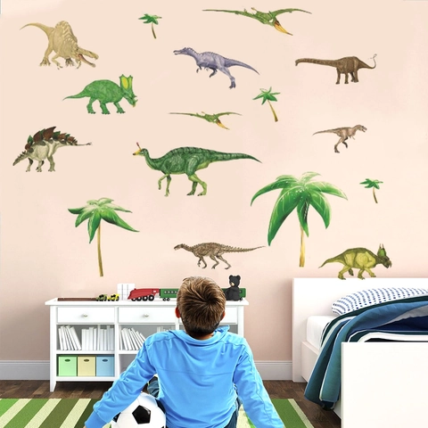 Watercolor Dinosaur Wall Stickers For Kids Room PVC Waterproof Animal Palm Tree Wall Decals For Nursery Bedroom Home Decor