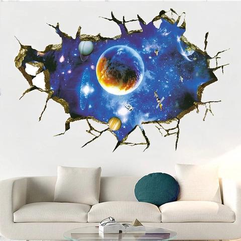 3D Outer Space Broken Wall Sticker Galaxy Planet Astronaut PVC Waterproof Wall Decal For Living Room Kids Bedroom Home Decor