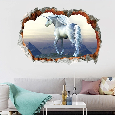3D Wanddurchbruch Einhorn Wandaufkleber Wasserdicht PVC Berglandschaft Fantasie Tier Wandtattoo Für Wohnzimmer Schlafzimmer Deko