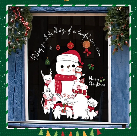 Weihnachten Fensteraufkleber Schneemann Rentier Cartoon Tier Abnehmbar PVC Glastür Wandtattoo Frohe Weihnachten Festliche Haus Deko