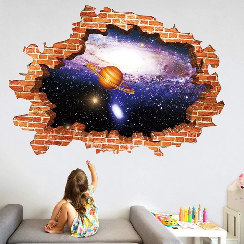 3D Gebrochene Wand Weltraum Galaxie Sternenhimmel Planet Wandtattoo Wasserdicht PVC Aufkleber Für Kinderzimmer Schlafzimmer