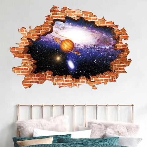 3D Gebrochene Wand Weltraum Galaxie Sternenhimmel Planet Wandtattoo Wasserdicht PVC Aufkleber Für Kinderzimmer Schlafzimmer