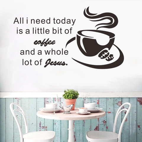 Pegatina de Pared de Vinilo Removible Cita de Café Y Jesús Para Decoración Cocina Comedor Silueta de Taza de Café