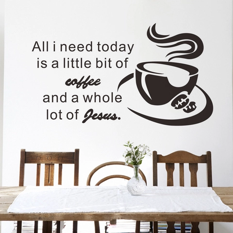 Pegatina de Pared de Vinilo Removible Cita de Café Y Jesús Para Decoración Cocina Comedor Silueta de Taza de Café