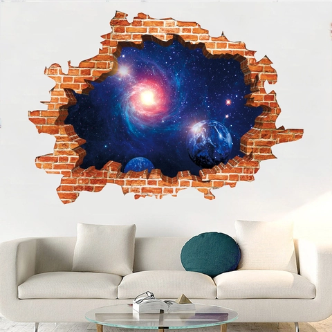 Dreidimensionaler Effekt Gebrochene Wand Galaxie Sternenhimmel Weltraum Planet Wandaufkleber Abnehmbar PVC Wasserdicht Wandbild Für Kinderzimmer