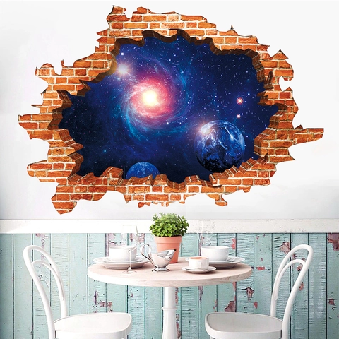 Dreidimensionaler Effekt Gebrochene Wand Galaxie Sternenhimmel Weltraum Planet Wandaufkleber Abnehmbar PVC Wasserdicht Wandbild Für Kinderzimmer