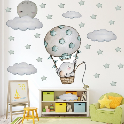 Süße Cartoon Elefant Heißluftballon Wandtattoo Für Kindergarten Kinderzimmer Dekor Abnehmbare Wasserdichte PVC Wandaufkleber DIY Kunst