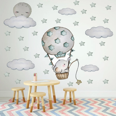 Süße Cartoon Elefant Heißluftballon Wandtattoo Für Kindergarten Kinderzimmer Dekor Abnehmbare Wasserdichte PVC Wandaufkleber DIY Kunst