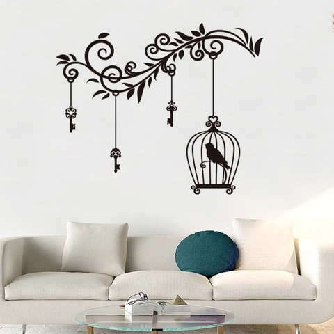 Viti Gabbia per Uccelli Uccello Chiave Silhouette Adesivo da Parete Removibile PVC Murale Decorativo Per Soggiorno Camera da Letto