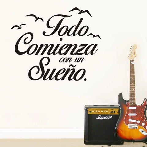 Spanisches Zitat Todo Comienza Con Un Sueño Wandtattoo Schwarz PVC Fliegende Möwe Vogel Silhouette Dekoration