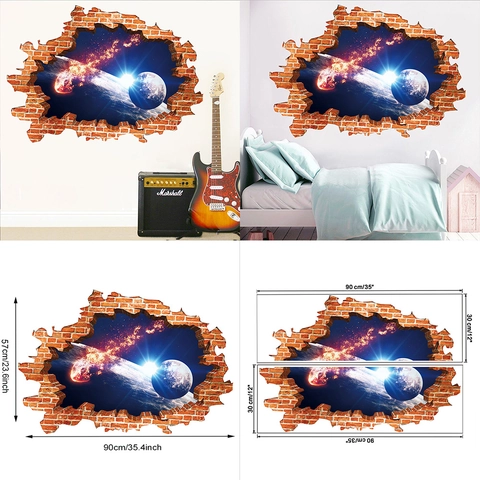 3D Wandtattoo Gebrochene Wand Galaxie Weltraum Planeten Universum Sternenhimmel Wasserdichtes PVC Dekor Für Kinderzimmer