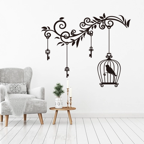 Viti Gabbia per Uccelli Uccello Chiave Silhouette Adesivo da Parete Removibile PVC Murale Decorativo Per Soggiorno Camera da Letto