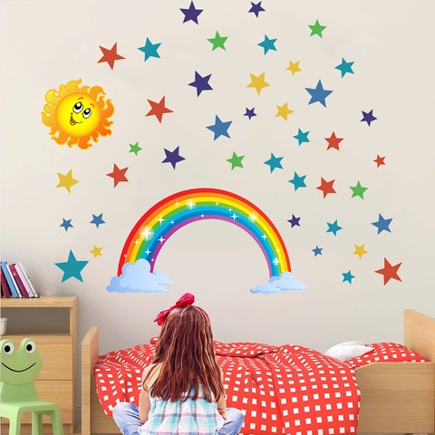 Pegatinas de Pared de Arco Iris de Dibujos Animados Sol Estrella Nubes Removible DIY PVC Decoración de Guardería para Niños