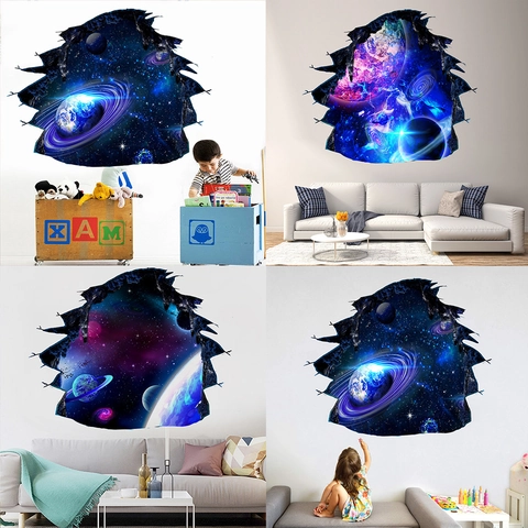 3D Zerbrochene Wand Weltraum Galaxie Planet Wandaufkleber Wasserdichtes PVC Dekor Für Wohnzimmer Kinderzimmer Wandbild