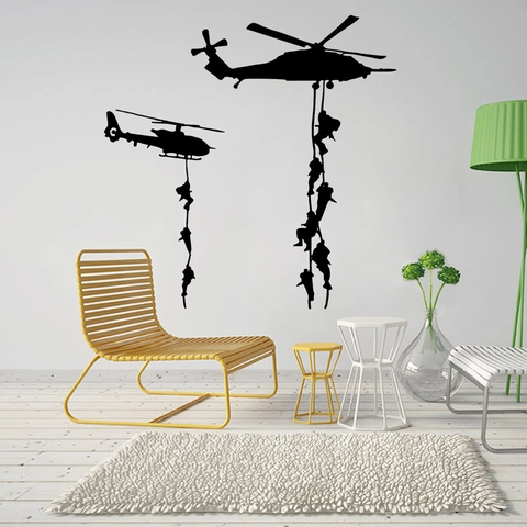 Militär Bewaffneter Hubschrauber Soldat Abseilen Silhouette Wandaufkleber Wasserdicht PVC Dekor Für Wohnzimmer Kinderzimmer