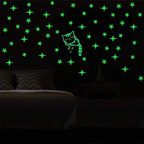 Pegatinas de Pared de Estrellas y Gato Durmiendo que Brillan en la Oscuridad PVC Calcomanías Luminosas para Interruptores Niños