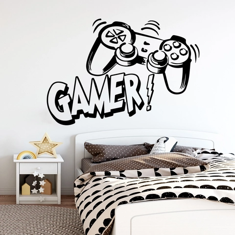 Adesivo da Parete Gamer Controller di Gioco Decalcomania in Vinile Nero per Cameretta Ragazzi Sala Giochi Decorazione Parete DIY