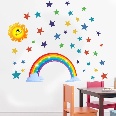 Pegatinas de Pared de Arco Iris de Dibujos Animados Sol Estrella Nubes Removible DIY PVC Decoración de Guardería para Niños