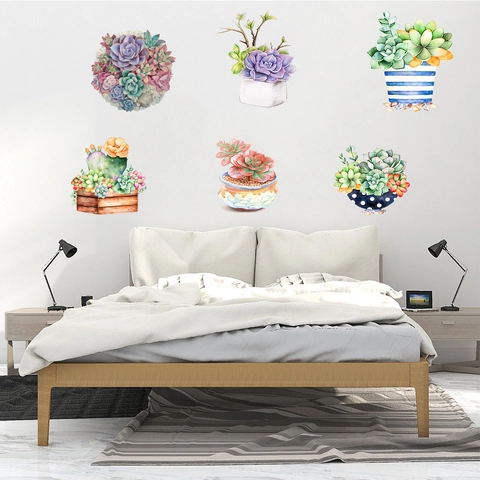 Watercolor Succulent Cactus Potted Plants Wall Stickers PVC Waterproof Removable Home Decor For Living Room Bedroom Kitchen