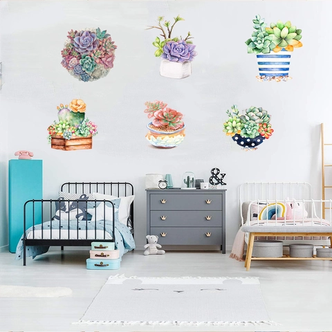 Watercolor Succulent Cactus Potted Plants Wall Stickers PVC Waterproof Removable Home Decor For Living Room Bedroom Kitchen