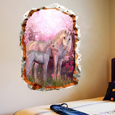 3D Mur Brisé Licorne Rose Sticker Mural Forêt de Cerisiers de Rêve Imperméable PVC Auto-Adhésif Décoration Chambre d'Enfant Salon