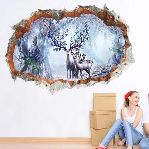 Pegatina de Pared 3D Efecto Pared Rota Bosque Fantasía Ciervo Mural PVC Impermeable Removible Decoración Salón Fondo TV