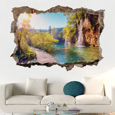 3D Gebrochene Wand Aufkleber Natur Wasserfall Wald Landschaft PVC Wasserdicht Selbstklebend Wandtattoo Für Wohnzimmer Home Dekoration