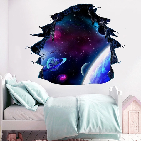 3D Zerbrochene Wand Weltraum Galaxie Planet Wandaufkleber Wasserdichtes PVC Dekor Für Wohnzimmer Kinderzimmer Wandbild