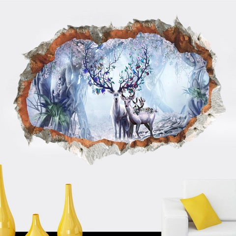 Pegatina de Pared 3D Efecto Pared Rota Bosque Fantasía Ciervo Mural PVC Impermeable Removible Decoración Salón Fondo TV