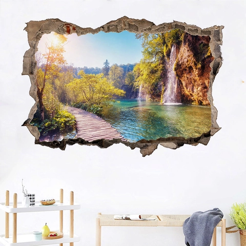 3D Gebrochene Wand Aufkleber Natur Wasserfall Wald Landschaft PVC Wasserdicht Selbstklebend Wandtattoo Für Wohnzimmer Home Dekoration