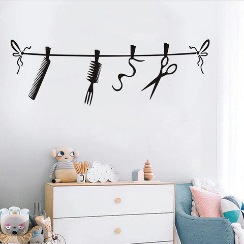Adesivi Murali Silhouette Strumenti per Barbieri Forbici Pettine Decalcomanie in Vinile per Decorazione Salone Impermeabile