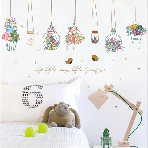 Pegatina de Pared de PVC Removible Estilo Nórdico Con Plantas en Maceta Suculentas Flores Aves y Frases para Decoración Hogar