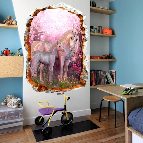3D Mur Brisé Licorne Rose Sticker Mural Forêt de Cerisiers de Rêve Imperméable PVC Auto-Adhésif Décoration Chambre d'Enfant Salon