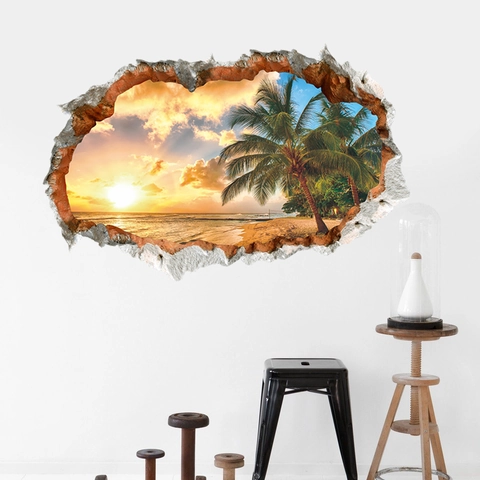 Pegatina de Pared Efecto Pared Rota 3D Playa Atardecer Cocoteros Impermeable PVC Removible Decoración de Hogar Para Sala